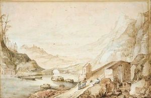 An extensive mountainous landscape with travellers crossing a bridge by Josse de Momper