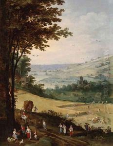 Peasants harvesting, an extensive landscape with a church beyond