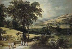 Summer An extensive landscape with harvesters cutting a cornfield and travellers and wagons on a road, a village beyond