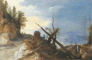 A mountain landscape with a fallen tree on a path, a bridge in the distance