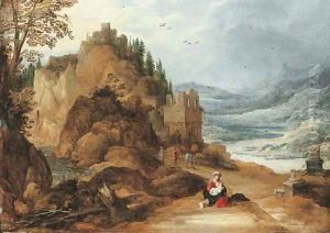 A mountainous river landscape with the Rest on the Flight into Egypt
