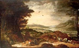 Peasants in wagons and pilgrim hermits in an extensive river landscape