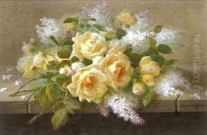 Still life of yellow roses and lilac by Raoul Maucherat de Longpre