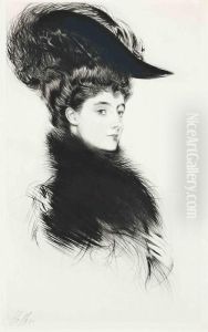 Portrait Of A Lady In A Feather Hat by Paul Cesar Helleu