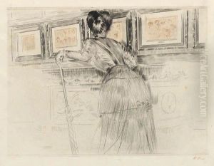 Madame Helleu Devant Les Dessins De Watteau Aulouvre by Paul Cesar Helleu