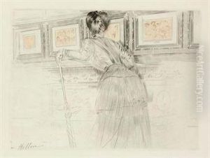 Madame Helleu Devant Les Watteau Du Louvre by Paul Cesar Helleu