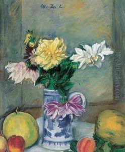 Flower Still-life with Apricots by Laszlo Mattyasovszky-Zsolnay