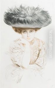 Portrait Of A Young Lady Wearing A Feathered Hat by Paul Cesar Helleu