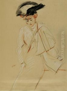 Portrait Of An Elegant Lady In A Plumed Hat by Paul Cesar Helleu