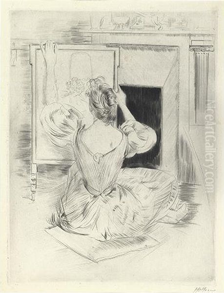 Woman Embroidering. - view 1