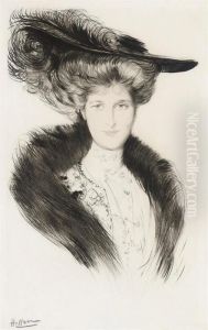 Portrait De Jeune Elegante Au Chapeau Et Au Col De Fourrure by Paul Cesar Helleu