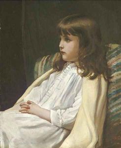 Portrait of a girl, seated three-quarter length, in a white dress