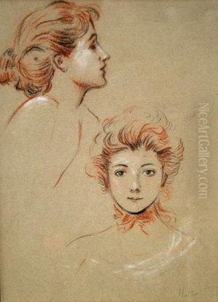 French -- Portrait Studies Of A
Woman; Black Red And White Chalk On Buff Paper, Bears Signature,
19.5x14cm - view 1