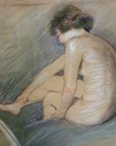 Seated Female Nude; Pencil, 
Black And Coloured Chalk On Buff Paper, Bears Two Signatures, 
47.5x42.5cm