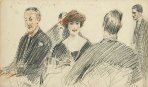 Le The Avec Le Ministre Des 
Postes [, Teatime With The Minister For Post Services; Black Chalk, 
Charcoal And Red Chalk, Signed.] by Paul Cesar Helleu