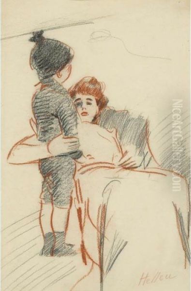 Madame Helleu Et Son Fils Jean. 
[paul Cesar Helleu, Mrs Helleu And Her Son Jean; Charcoal And Red Chalk,
 Signed.] - view 1