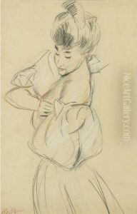Femme De Profil Arrangeant Sa 
Manche [, A Woman Side View Arranging Her Sleeve; Red, Blak And White 
Chalk, Signed] by Paul Cesar Helleu