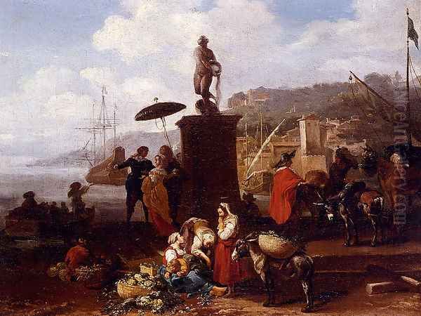 Port Scene With Figures Gathered By A Statue - view 1