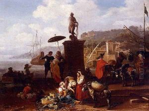 Port Scene With Figures Gathered By A Statue by Hendrik Mommers