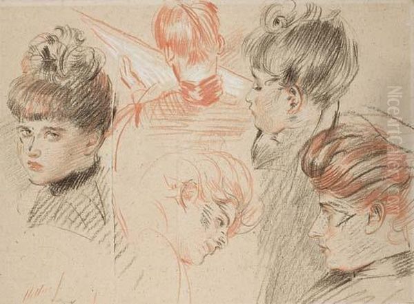 Etude De Cinq Tetes De Femmes Et Enfants, Dont Une Vue De Dos Et Lisant - view 1