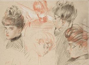 Etude De Cinq Tetes De Femmes Et Enfants, Dont Une Vue De Dos Et Lisant by Paul Cesar Helleu