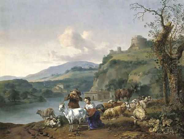 An Italianate river landscape with a shepherd and a shepherdess with their flock, a village beyond beneath a hill with the Mausoleum of Hadrian - view 1