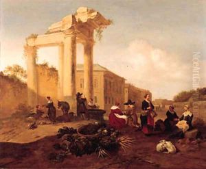 A market near a fountain by a classical ruin in an Italian piazza