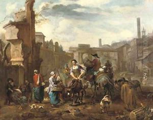 Marketeers on mules and other figures among ancient ruins in a town square