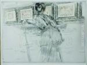 Madame Helleu Devant Les Dessins De Watteau Au Louvre by Paul Cesar Helleu
