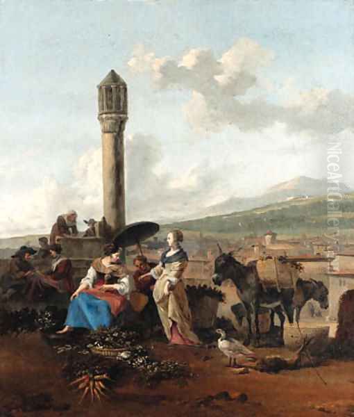 Travellers and tradesmen resting before a monument - view 1