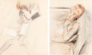 Femme Lisant Avec Son Enfant; Femme Dormant (a Pair) by Paul Cesar Helleu
