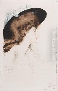 Tete De Femme Au Chapeau Noir Avec Une Plume Bleu, Profil A Droite