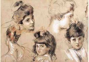 Deux Portraits De Fillette Et Quatre De Jeune Femme Au Chignon. by Paul Cesar Helleu