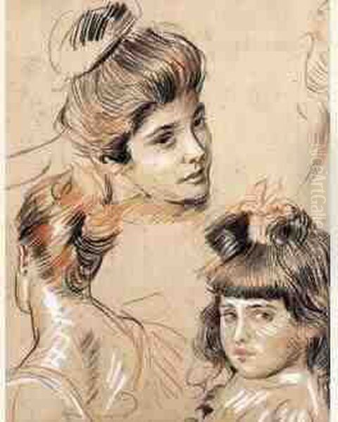 Deux Portraits De Fillette Et Deux De Jeune Femme Au Chignon. - view 1