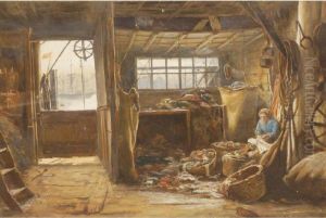 A Woman In A Shack Mending Fishing Nets