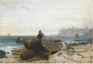 A Fisherman On The Beach, Tynemouth Castle Beyond by Charles Napier Hemy