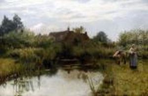 Gathering Reeds By The River, A Summer Landscape With Figures, Farmhouse Beyond