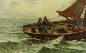 Two Fishermen Ina Sailing Boat Fixing The Line Each Oils On Board by Charles Napier Hemy