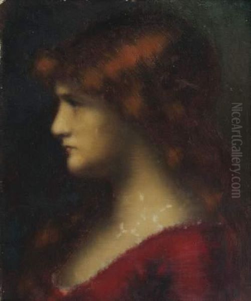 Jeune Femme Rousse De Profil En Robe Rouge - view 1