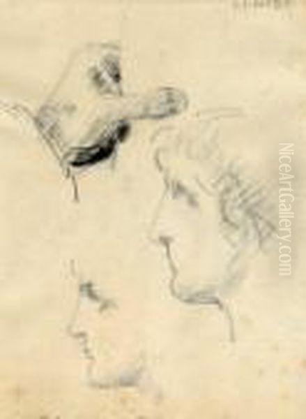 Etude De Mains Et De Deux Visages De Profil - view 1