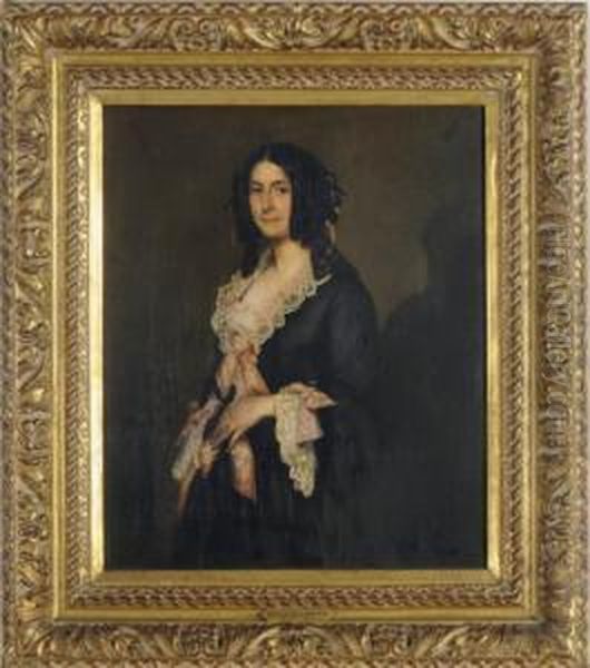 Portrait Of A Lady In A Black Dress With Pink Ribbons - view 1