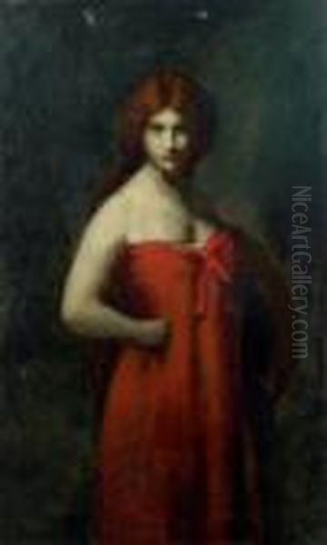 Portrait De Femme En Robe Rouge Toile, Signee En Haut A Gauche - view 1