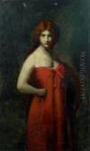 Portrait De Femme En Robe Rouge Toile, Signee En Haut A Gauche by Jean-Jacques Henner