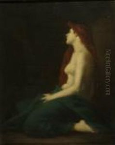 Study Of A Nude, With Long Titian Hair, Kneeling With A Green Clothover Her Knees by Jean-Jacques Henner