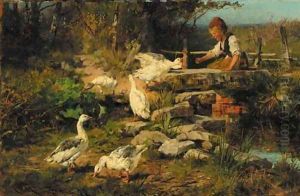 A peasant girl feeding geese by Antonio (Antonis Matteo) Montemezzo