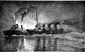 Broke ramming the German Destroyer illustration from The Naval Front by Gordon S Maxwell 1920 by Donald Maxwell