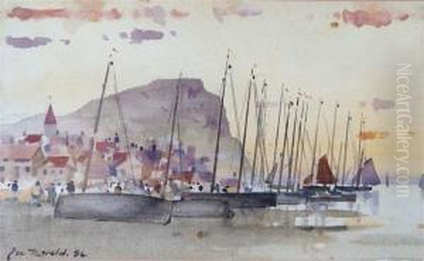 Fishing Boats And Figures On The Beach Before A Small Coastal Village - view 1