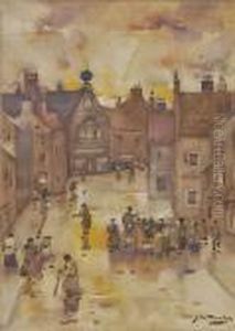 Figures On A Street At Twilight, Signed, Watercolour