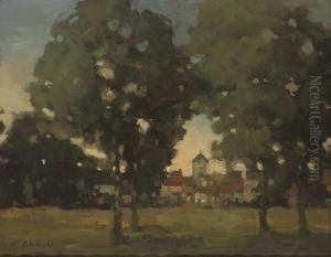 A Wooded Landscape With A Town Beyond by James Watterston Herald