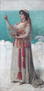 Orientalistische Dame Met Vogelnestje Voor De Zee Orientalistische Dame Met Vogelnestje Voor De Zee